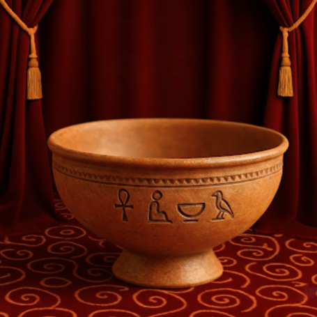 Ceramic bowl with Egyptian hieroglyphs against a red curtain backdrop.