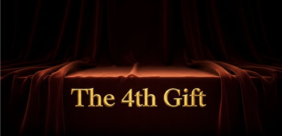 The title "The 4th Gift" displayed in gold against a dark background with draped fabric.